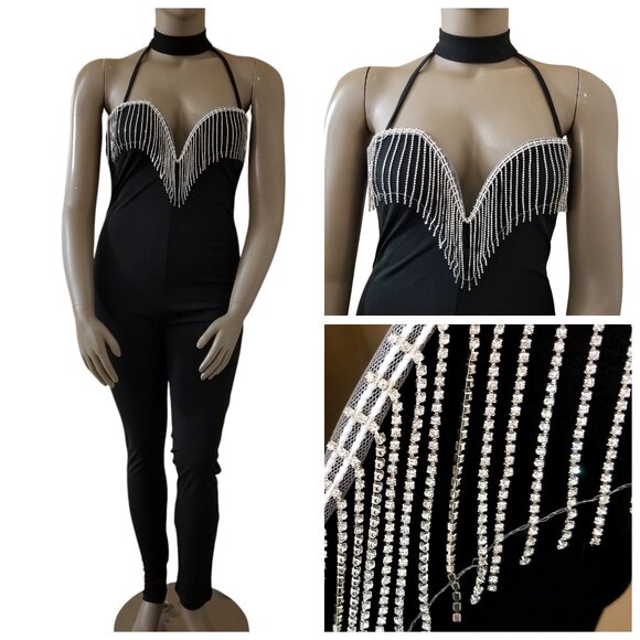 Choker Plunge Sweetheart Neckline Rhinestone Fringe Stretchy Jumpsuit 2XL Black - Picture 1 of 16